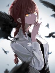 Rule 34 | 1girl, bird, black bird, black necktie, braid, chainsaw man, collared shirt, feathers, hair between eyes, highres, long hair, long sleeves, looking at viewer, makima (chainsaw man), man015s, necktie, parted lips, red hair, ringed eyes, shirt, simple background, single braid, solo, upper body, white shirt, yellow eyes