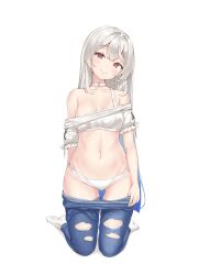 Rule 34 | 1girl, absurdres, bare shoulders, blue pants, bra strap, breasts, choker, closed mouth, clothes pull, collarbone, commission, crop top, denim, head tilt, highres, keibeam, kneeling, long hair, looking at viewer, navel, off-shoulder shirt, off shoulder, original, panties, pants, pants pull, pulling own clothes, red eyes, shirt, short sleeves, simple background, single strap, small breasts, smile, socks, solo, stomach, torn clothes, torn pants, underwear, white background, white choker, white hair, white panties, white shirt, white socks