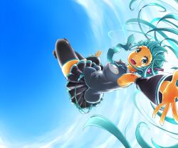 Rule 34 | 1girl, backlighting, bad id, bad pixiv id, black thighhighs, blouse, cloud, collared shirt, day, hatsune miku, long hair, outstretched arm, reaching, reaching towards viewer, shirt, sky, sleeveless, sleeveless shirt, solo, suno-pi, tattoo, thighhighs, vocaloid