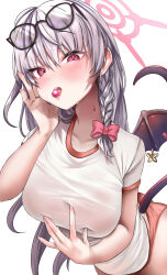 Rule 34 | 1girl, absurdres, black-framed eyewear, blue archive, blush, braid, breasts, buruma, candy, collarbone, demon tail, demon wings, eyewear on head, food, glasses, grey hair, gym shirt, gym uniform, halo, hand on own cheek, hand on own face, haruna (blue archive), haruna (track) (blue archive), highres, large breasts, looking at viewer, official alternate costume, po musubi, red buruma, red eyes, shirt, short sleeves, simple background, single braid, single wing, skindentation, solo, sweat, tail, tongue, tongue out, white background, wings