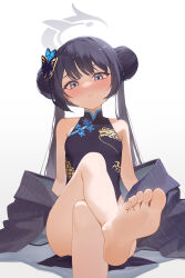 Rule 34 | 1girl, bare shoulders, barefoot, black hair, blue archive, chinese clothes, daika!!, double bun, feet, grey eyes, hair bun, highres, kisaki (blue archive), long hair, soles, solo, toes, twintails