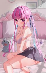 Rule 34 | 1girl, absurdres, ahoge, arm support, arms between legs, ass, barefoot, bed, bed sheet, blue hair, blue ribbon, blush, bra, braid, breasts, commentary request, eyelashes, foot out of frame, hair ribbon, highres, hololive, indoors, iri 1031, lace, lace bra, large breasts, legs, long hair, minato aqua, multicolored hair, neko (minato aqua), pink bra, pink hair, pleated skirt, purple eyes, ribbon, shiny skin, sidelocks, sitting, skirt, soles, solo, strap slip, streaked hair, stuffed animal, stuffed toy, thighs, twintails, underwear, virtual youtuber, yokozuwari
