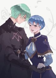 Rule 34 | 1boy, 1girl, absurdres, armor, blue hair, bow, braid, brooch, brown eyes, byleth (fire emblem), byleth (male) (fire emblem), chikefu, couple, dress, fire emblem, fire emblem: three houses, from side, gloves, green hair, hetero, highres, jewelry, looking at another, marianne von edmund, nintendo, open mouth, simple background, white background