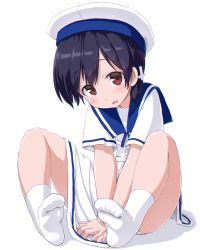 Rule 34 | 1girl, :d, between legs, black hair, blue sailor collar, blush, brown eyes, chromatic aberration, commentary request, cross hair ornament, dd (ijigendd), dress, feet, full body, hair ornament, hand between legs, hat, hiburi (kancolle), highres, kantai collection, long hair, no shoes, open mouth, panties, sailor collar, sailor dress, sailor hat, short sleeves, sitting, smile, socks, soles, solo, underwear, white background, white dress, white hat, white panties, white socks