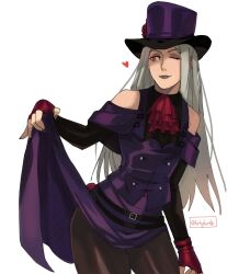 Rule 34 | 1other, alternate color, androgynous, ascot, bare shoulders, black pantyhose, clothes lift, collar, fingerless gloves, gloves, grey hair, guilty gear, guilty gear strive, hat, hat ornament, highres, lifted by self, long hair, looking at viewer, one eye closed, other focus, pantyhose, purple headwear, purple skirt, red ascot, red eyes, red gloves, skirt, skirt lift, skull hat ornament, smile, studded collar, testament (guilty gear), tirtyturtle, top hat