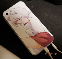 Rule 34 | 1girl, animal ears, audio jack, blush, cable, case, cellphone, closed eyes, dated, detached sleeves, double penetration, inubashiri momiji, iphone, multiple penetration, object insertion, phone, photo (medium), sexually suggestive, skirt, smartphone, solo, terazip, touhou, unconventional media, vaginal, vaginal object insertion, white hair, wolf ears