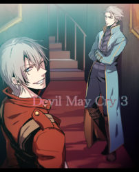 Rule 34 | 2boys, brothers, capcom, coat, crossed arms, dante (devil may cry), devil may cry, devil may cry (series), devil may cry 3, genmai, looking back, multiple boys, one eye closed, siblings, smile, trench coat, vergil (devil may cry), white hair, wink