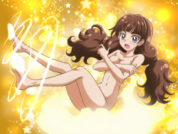 Rule 34 | 1girl, :o, alternate eye color, amanogawa kirara, barefoot, blush, breasts, brown hair, censored, censored feet, cleavage, completely nude, covering breasts, covering privates, embarrassed, feet, go! princess precure, grey eyes, hanzou, henshin, long hair, long legs, nude, precure, solo, star (symbol), sweat, transformation, twintails, yellow background