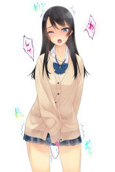 Rule 34 | 1girl, ;o, arm behind back, black hair, blue eyes, blush, cardigan, earbuds, earphones, highres, long hair, looking at viewer, murakami suigun, one eye closed, original, pleated skirt, sex toy, simple background, skirt, sleeves past wrists, solo, sweat, tongue, trembling, uniform, vibrator, vibrator under clothes, white background