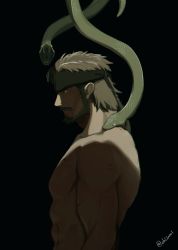 Rule 34 | 1boy, absurdres, bara, brown hair, commentary, facial hair, from side, headband, highres, large pectorals, male focus, mature male, mekkichi, metal gear (series), muscular, muscular male, mustache, nude, pectorals, short hair, snake, solid snake, solo