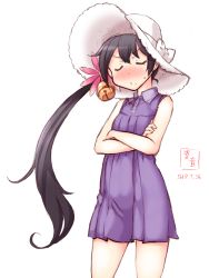 Rule 34 | 1girl, akebono (kancolle), alternate costume, artist logo, bell, black hair, blush, closed eyes, commentary request, cowboy shot, crossed arms, dated, dress, flower, hair bell, hair flower, hair ornament, hat, highres, jingle bell, kanon (kurogane knights), kantai collection, long hair, panties, purple dress, see-through, side ponytail, simple background, sleeveless, sleeveless dress, solo, sun hat, underwear, very long hair, white background, white hat