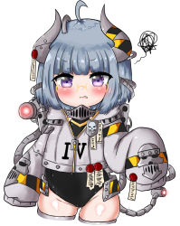 Rule 34 | 1girl, ahoge, bailingxiao jiu, black leotard, blush, cowboy shot, cropped jacket, cropped legs, curled horns, fang, glasses, grey hair, grey jacket, grey thighhighs, groin, highres, horns, jacket, leotard, long sleeves, looking at viewer, original, parted lips, purple eyes, simple background, sleeves past fingers, sleeves past wrists, solo, squiggle, thighhighs, warhammer 40k, white background, yellow-framed eyewear