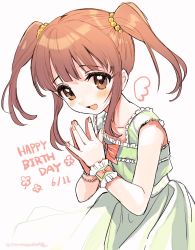 Rule 34 | 1girl, :d, amezawa koma, blush, bow, brown hair, dated, dress, fingernails, green dress, happy birthday, highres, idolmaster, idolmaster cinderella girls, leaning forward, looking at viewer, nail polish, ogata chieri, open mouth, pink nails, red bow, sidelocks, simple background, smile, solo, steepled fingers, twitter username, white background, wristband
