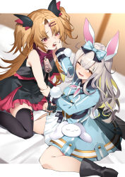 Rule 34 | 2girls, ;d, akatsuki uni, amagasa yun, animal bag, animal ears, bag, bare arms, bare shoulders, bed sheet, black dress, black footwear, black legwear, blue bow, blue dress, blurry, blurry background, blush, boots, bow, breasts, brown eyes, brown hair, commentary request, crossover, depth of field, dress, finger in another&#039;s mouth, frilled dress, frills, grey hair, hair between eyes, hair bow, hair ornament, hairclip, highres, indie virtual youtuber, long hair, medium breasts, mochizuki himari, multiple girls, one eye closed, open mouth, parted bangs, rabbit ears, red eyes, shoulder bag, sitting, sleeveless, sleeveless dress, smile, thighhighs, two side up, uni create, very long hair, virtual youtuber, wariza