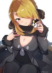 Rule 34 | 1girl, black coat, black pants, blonde hair, breasts, brown eyes, cleavage, closed mouth, coat, commentary request, creatures (company), cynthia (pokemon), eyelashes, fur-trimmed coat, fur collar, fur trim, game freak, glint, hair ornament, hair over one eye, head tilt, highres, holding, holding poke ball, long hair, long sleeves, meiwari, nail polish, nintendo, pants, poke ball, pokemon, pokemon dppt, smile, solo, ultra ball, watermark, yellow nails