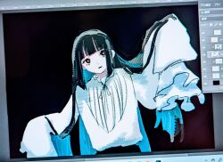 Rule 34 | 1girl, art program in frame, art tools in frame, black background, black eyes, black hair, blunt bangs, bright pupils, expressionless, frilled shirt, frills, highres, hime cut, long hair, looking at viewer, neck ribbon, original, parted lips, photo (medium), ribbon, shirt, sidelocks, simple background, sleeves past fingers, sleeves past wrists, solo, uki bukuro, upper body, very long hair, white pupils, white shirt