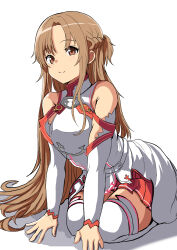 Rule 34 | 1girl, all fours, armor, asuna (sao), asymmetrical bangs, braid, breastplate, brown eyes, brown hair, closed mouth, commentary, detached sleeves, french braid, highres, knights of blood uniform (sao), long hair, looking at viewer, pleated skirt, red skirt, short ponytail, skirt, smile, solo, suberaku, sword art online, thighhighs, very long hair, white armor, white background, white sleeves, white thighhighs