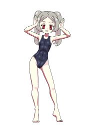 Rule 34 | 1girl, 4m4y0r1, alternate costume, barefoot, bloody marie (skullgirls), covered navel, full body, grey hair, grin, hands up, highres, one-piece swimsuit, red eyes, skullgirls, smile, solo, swimsuit, twintails, white background