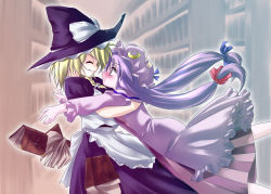 Rule 34 | 2girls, apron, blonde hair, blush, book, bookshelf, crescent, crescent moon, dress, closed eyes, female focus, grin, hair ribbon, hat, hug, jerry, kirisame marisa, library, long hair, low-tied long hair, moon, multiple girls, patchouli knowledge, purple eyes, purple hair, ribbon, skirt, smile, touhou, tress ribbon, voile, witch hat