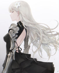 Rule 34 | 1girl, absurdres, armor, backless dress, backless outfit, black dress, breasts, closed mouth, commentary, dress, english commentary, flower, from behind, grey eyes, hair flower, hair ornament, highres, long hair, medium breasts, original, shoulder armor, solo, wave 61, white flower, white hair