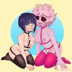 Rule 34 | 2girls, absurdres, ashido mina, ass, black sclera, boku no hero academia, breasts, cherrypix, colored sclera, colored skin, harness, highres, jirou kyouka, large breasts, multiple girls, nipples, nude, open mouth, pink hair, pink skin, purple hair, strap, thighhighs, yellow eyes