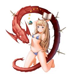 Rule 34 | 1girl, animal ears, arm behind back, bikini, blonde hair, blue bikini, book, breasts, cagliostro (granblue fantasy), cameltoe, cat ears, cementite, covered erect nipples, dagger, dragon, fang, full body, gluteal fold, granblue fantasy, grin, hairband, halterneck, highres, kneeling, knife, long hair, looking at viewer, navel, purple eyes, small breasts, smile, solo, string bikini, swimsuit, very long hair, weapon
