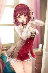 Rule 34 | 1girl, alt (ctrldel), atelier (series), atelier sophie, atelier sophie 2, blush, braiding hair, breasts, brown eyes, cleavage, commentary request, cowboy shot, detached collar, dress, facing viewer, frilled dress, frills, hairdressing, highres, hip focus, indoors, jacket, jewelry, leaning forward, looking at viewer, medium breasts, medium hair, mouth hold, necklace, oppai loli, orange eyes, red hair, smile, sophie neuenmuller, thighs, tying hair, unworn jacket