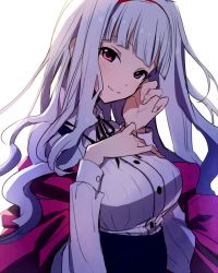 Rule 34 | 1girl, breasts, hands on own chest, idolmaster, idolmaster (classic), large breasts, long hair, long sleeves, looking at viewer, oro (sumakaita), purple eyes, shijou takane, shirt, silver hair, smile, solo, taut clothes, taut shirt