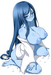 Rule 34 | 1girl, bare shoulders, barefoot, blue eyes, blue hair, blue skin, blush, breasts, colored skin, artistic error, full-face blush, huge breasts, japanese clothes, kimono, large areolae, long hair, looking at viewer, matching hair/eyes, monster girl, nipples, onomeshin, open clothes, open shirt, original, parted lips, puffy nipples, shiny skin, shirt, sitting, snow, solo, very long hair, wariza, white background, wrong foot, yuki onna