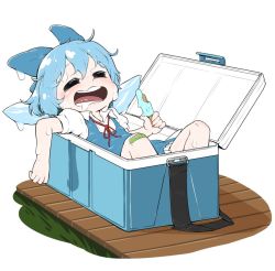 Rule 34 | 1girl, bandaid, bandaid on knee, bandaid on leg, blue dress, blue hair, blush, cirno, dress, closed eyes, food, hair ribbon, ice, ice wings, in container, melting, open mouth, pale skin, popsicle, puffy sleeves, ribbon, short hair, short sleeves, solo, sweat, tokkyuu mikan, touhou, wings