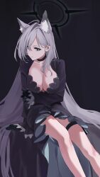 Rule 34 | 1girl, absurdres, ahoge, animal ear fluff, animal ears, bags under eyes, bed, black choker, black dress, black gloves, blue archive, blue eyes, breasts, choker, cleavage, closed mouth, dark halo, dress, extra ears, gloves, grey eyes, grey hair, halo, highres, large breasts, long hair, looking at viewer, mitsutsuka, shiroko (blue archive), shiroko terror (blue archive), sitting, solo, thigh strap, wolf ears