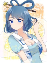 Rule 34 | 1girl, blue dress, blue eyes, blue hair, breasts, cleavage, collarbone, dress, expressionless, flower, hagoromo, hair ornament, hair rings, hair stick, hand up, kaku seiga, large breasts, looking at viewer, miyaco (shirataki 168), open clothes, open vest, puffy short sleeves, puffy sleeves, shawl, short hair, short sleeves, solo, touhou, upper body, vest, white vest