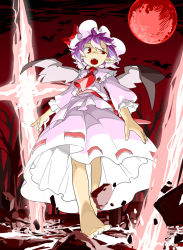 Rule 34 | 1girl, ascot, barefoot, female focus, la-do, moon, oguro (moyashi 2-hon), open mouth, pointy ears, purple hair, red eyes, red moon, remilia scarlet, short hair, solo, touhou, wings