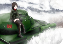 Rule 34 | 10s, 1girl, artist request, blue eyes, breasts, day, emblem, girls und panzer, highres, is-2, military, military vehicle, motor vehicle, nonna (girls und panzer), one eye closed, pravda (emblem), pravda military uniform, shirt, short hair, skirt, snow, solo, tank, thighhighs