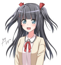 Rule 34 | 1girl, :d, aro 1801, black hair, blue eyes, blunt bangs, collared shirt, hair ornament, hair ribbon, hairclip, jacket, long hair, long sleeves, miori (aro 1801), neck ribbon, open mouth, original, red ribbon, ribbon, school uniform, shirt, signature, simple background, smile, solo, two side up, upper body, white background, white shirt, yellow jacket