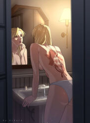Rule 34 | 1girl, ass, back, back tattoo, bathroom, blonde hair, breasts, brown eyes, commentary request, fullmetal alchemist, hair down, highres, kikaia, lamp, looking at mirror, medium breasts, mirror, panties, parted lips, reflection, riza hawkeye, sink, solo, tattoo, topless, underwear, white panties