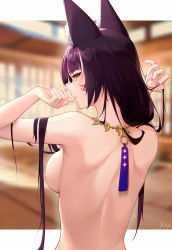 Rule 34 | 1girl, animal ear fluff, animal ears, artist name, azur lane, back, breasts, closed mouth, facial mark, from behind, hands up, highres, jewelry, kojo (0124), large breasts, long hair, looking at viewer, looking back, medium breasts, musashi (azur lane), nail polish, necklace, nude, purple hair, purple nails, solo, upper body, yellow eyes