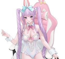 Rule 34 | 1girl, animal ears, bare shoulders, breasts, chair, cleavage, detached collar, drill hair, ear piercing, highres, long hair, ohisashiburi, original, piercing, purple eyes, purple hair, rabbit ears, simple background, sitting, solo, twin drills, very long hair, white background, wrist cuffs