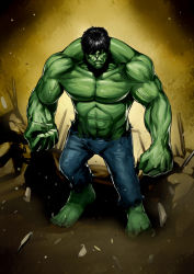 Rule 34 | 1boy, angry, bad id, bad pixiv id, black hair, bruce banner, colored skin, delta zone, green skin, hulk, male focus, marvel, monster, muscular, topless male, solo, torn clothes