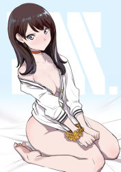 Rule 34 | 10s, 1girl, barefoot, black hair, blue eyes, blush, bottomless, breasts, cardigan, choker, collarbone, commentary request, dytm, gridman universe, long hair, looking at viewer, medium breasts, seiza, sitting, solo, ssss.gridman, takarada rikka, thighs