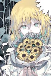 Rule 34 | 1girl, blonde hair, bouquet, covered mouth, flower, green eyes, green hair, hair between eyes, holding, holding bouquet, long hair, long sleeves, looking at viewer, mechuragi, multicolored hair, original, shirt, solo, sunflower, two-tone hair, upper body, white shirt, yellow flower