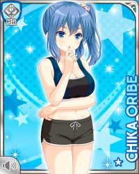 Rule 34 | 1girl, :o, bare arms, bare legs, bare shoulders, black shorts, blue background, blue bra, blue eyes, blue hair, bra, card (medium), character name, girlfriend (kari), looking at viewer, midriff, navel, official art, oribe chika, qp:flapper, shirt, shorts, solo, sports bra, standing, underwear, workout clothes