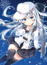 Rule 34 | 10s, 1girl, anchor symbol, belt, black skirt, black thighhighs, blue eyes, blush, commentary request, flat cap, hammer and sickle, hat, hibiki (kancolle), kantai collection, long hair, long sleeves, looking at viewer, machinery, neckerchief, pleated skirt, riichu, school uniform, serafuku, shield, silver hair, skirt, snowflake background, solo, star (symbol), thighhighs, turret, verniy (kancolle), zettai ryouiki