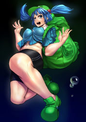 Rule 34 | 1girl, adapted costume, ayakumo, backpack, bag, bike shorts, blue eyes, blue hair, hair bobbles, hair ornament, hat, highres, kawashiro nitori, matching hair/eyes, midriff, navel, open mouth, shirt, short sleeves, solo, touhou, twintails, two side up, uneven eyes