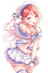 Rule 34 | armpits, blush, brown eyes, dress, hat, jewelry, long hair, love live!, love live! sunshine!!, maroon hair, necklace, sakurauchi riko, skirt, smile, standing, striped clothes, striped thighhighs, thighhighs, white hat