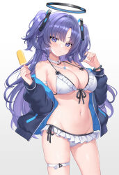 Rule 34 | 1girl, bikini, blue archive, blush, breasts, cleavage, closed mouth, commentary, food, groin, highres, holding, holding food, jacket, kaworu (1030), large breasts, long hair, long sleeves, open clothes, open jacket, popsicle, purple eyes, purple hair, simple background, solo, swimsuit, symbol-only commentary, thigh strap, two side up, white background, white bikini, white jacket, yuuka (blue archive)