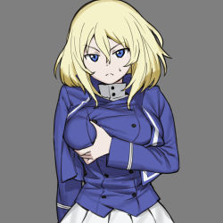 Rule 34 | 1girl, bc freedom military uniform, blonde hair, blue eyes, blue jacket, blue vest, closed mouth, commentary, dress shirt, frown, girls und panzer, grabbing own breast, grey background, high collar, highres, jacket, long sleeves, looking at viewer, medium hair, messy hair, military, military uniform, onsen tamago (hs egg), oshida (girls und panzer), pleated skirt, shirt, simple background, skirt, solo, standing, sweatdrop, uniform, vest, white shirt, white skirt