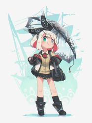 Rule 34 | 1girl, absurdres, aqua eyes, artist name, bag, black gloves, blunt bangs, borrowed character, commentary, contrapposto, dated, english commentary, full body, gloves, hairband, highres, jacket, long sleeves, looking at viewer, miniskirt, multicolored hair, off shoulder, original, pleated skirt, porforever, red hair, short hair, skirt, smile, solo, transparent, transparent umbrella, two-tone hair, umbrella, white hair