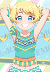Rule 34 | 1girl, absurdres, armpits, arms behind head, arms up, blonde hair, blue eyes, blush, bubble, cheerleader, collarbone, green shirt, green skirt, grin, highres, kiratto pri chan, long hair, looking at viewer, midriff, moegi emo, multicolored background, navel, poa mellhen, pretty series, shirt, skirt, smile, standing, tank top, teeth, twintails, wristband