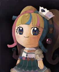 Rule 34 | 1girl, black background, blonde hair, blue eyes, blue hair, blunt bangs, blush, character doll, closed mouth, commentary request, crown, daia (pri chan), diamond (shape), dress, fur trim, highres, kemura (puripurinea), kiratto pri chan, long hair, looking at viewer, multicolored clothes, multicolored dress, multicolored hair, pink hair, pretty series, smile, solo, standing, streaked hair, twintails, very long hair